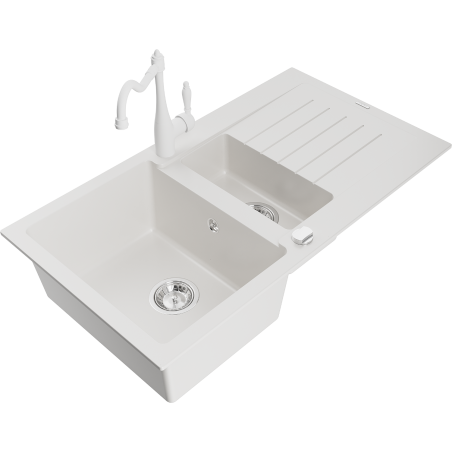 Mexen Matias 1.5-compartment granite sink with a drip tray and kitchen mixer tap Carla, White - 6502-20-670700-20