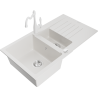 Mexen Matias 1.5-compartment granite sink with a drip tray and kitchen mixer tap Carla, White - 6502-20-670700-20