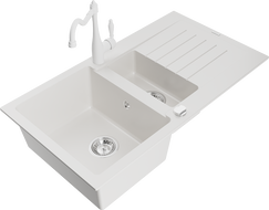 Mexen Matias 1.5-compartment granite sink with a drip tray and kitchen mixer tap Carla, White - 6502-20-670700-20