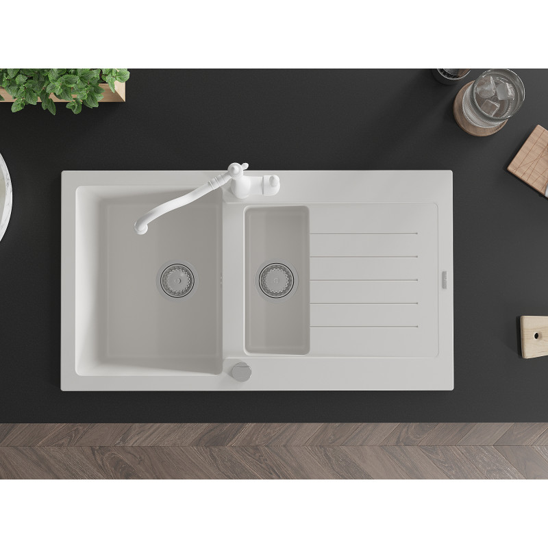 Mexen Matias granite kitchen sink 1.5-bowl with drainer and Carla kitchen faucet, white - 6502-20-670700-20