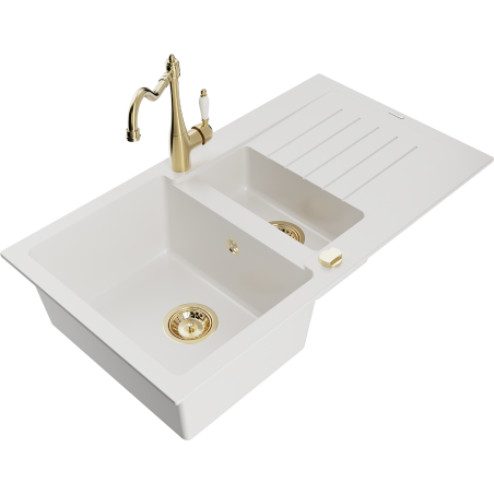 Mexen Matias 1.5-compartment granite sink with a drip tray and kitchen mixer tap Carla, White - 6502-20-670700-50