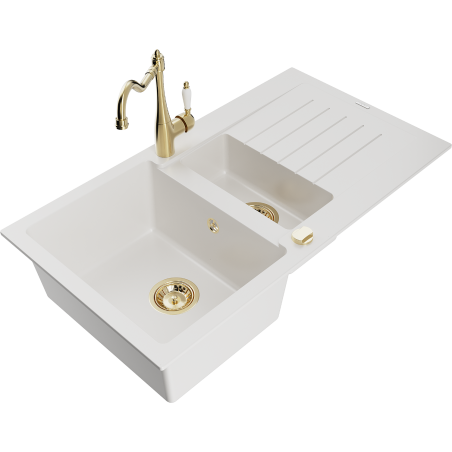 Mexen Matias granite sink 1.5-bowl with drainer and Carla kitchen tap, white - 6502-20-670700-50