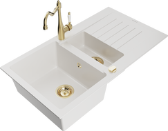 Mexen Matias granite sink 1.5 bowl with drainer and kitchen faucet Carla, white - 6502-20-670700-50