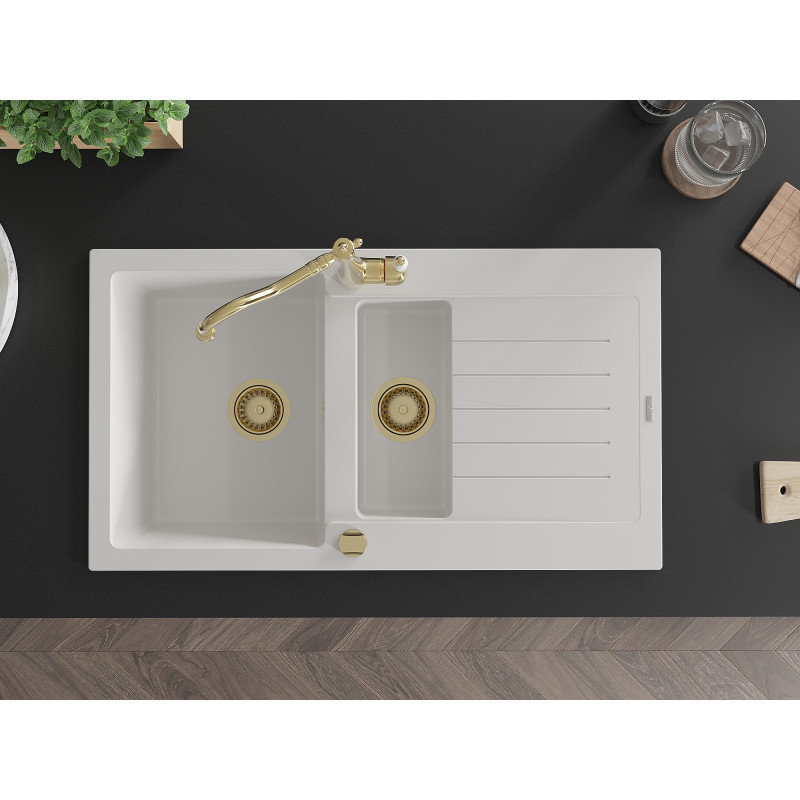 Mexen Matias granite sink 1.5-bowl with drainer and kitchen faucet Carla, white - 6502-20-670700-50