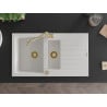 Mexen Matias granite sink 1.5-bowl with drainer and Carla kitchen tap, white - 6502-20-670700-50