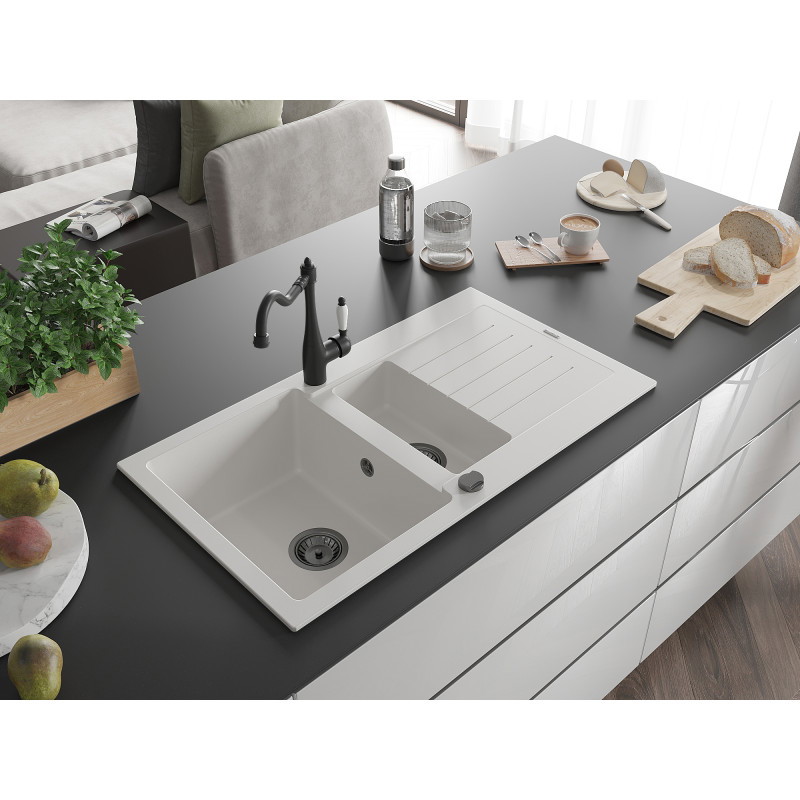 Mexen Matias Granite Kitchen Sink 1.5-Bowl with Drainer and Kitchen Faucet Carla, White - 6502-20-670700-70