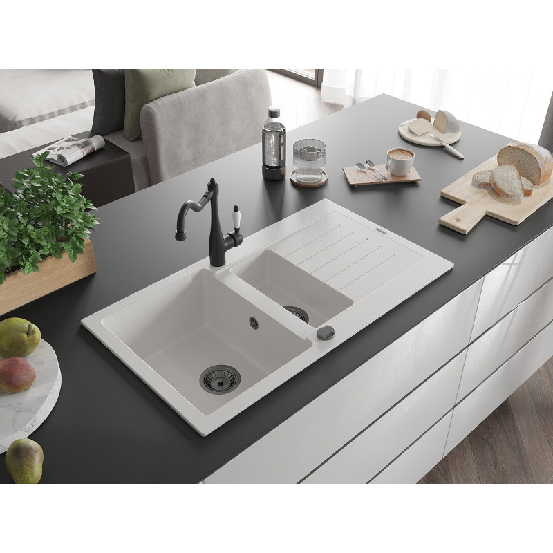 Mexen Matias granite sink 1.5-bowl with drainer and Carla kitchen faucet, white - 6502-20-670700-70