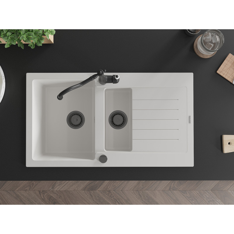 Mexen Matias Granite Kitchen Sink 1.5-Bowl with Drainer and Kitchen Faucet Carla, White - 6502-20-670700-70