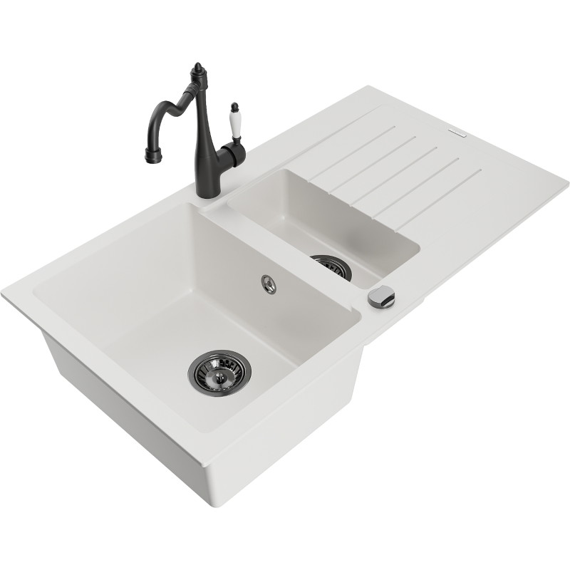 Mexen Matias granite sink 1.5-bowl with drainer and Carla kitchen faucet, white - 6502-20-670700-70