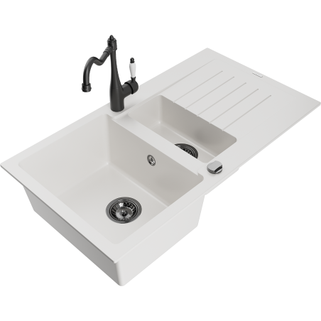 Mexen Matias 1.5-compartment granite sink with a drip tray and kitchen mixer tap Carla, White - 6502-20-670700-70