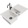 Mexen Matias 1.5-compartment granite sink with a drip tray and kitchen mixer tap Carla, White - 6502-20-670700-70
