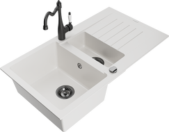 Mexen Matias 1.5-compartment granite sink with a drip tray and kitchen mixer tap Carla, White - 6502-20-670700-70