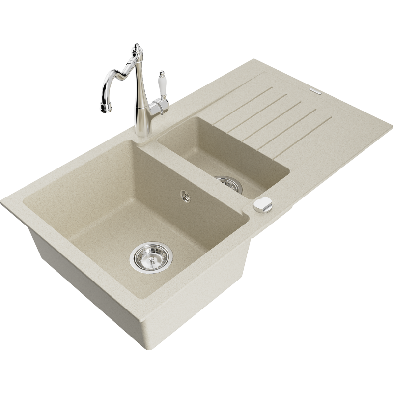 Mexen Matias 1.5-compartment granite sink with a drip tray and kitchen mixer tap Carla, Beige - 6502-69-670700-00