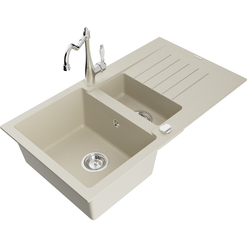 Mexen Matias granite sink 1.5-bowl with drainer and Carla kitchen tap, beige - 6502-69-670700-00