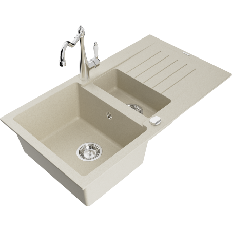 Mexen Matias granite sink 1.5-bowl with drainer and Carla kitchen tap, beige - 6502-69-670700-00