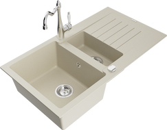 Mexen Matias 1.5-compartment granite sink with a drip tray and kitchen mixer tap Carla, Beige - 6502-69-670700-00