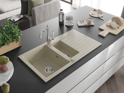 Mexen Matias 1.5-compartment granite sink with a drip tray and kitchen mixer tap Carla, Beige - 6502-69-670700-00