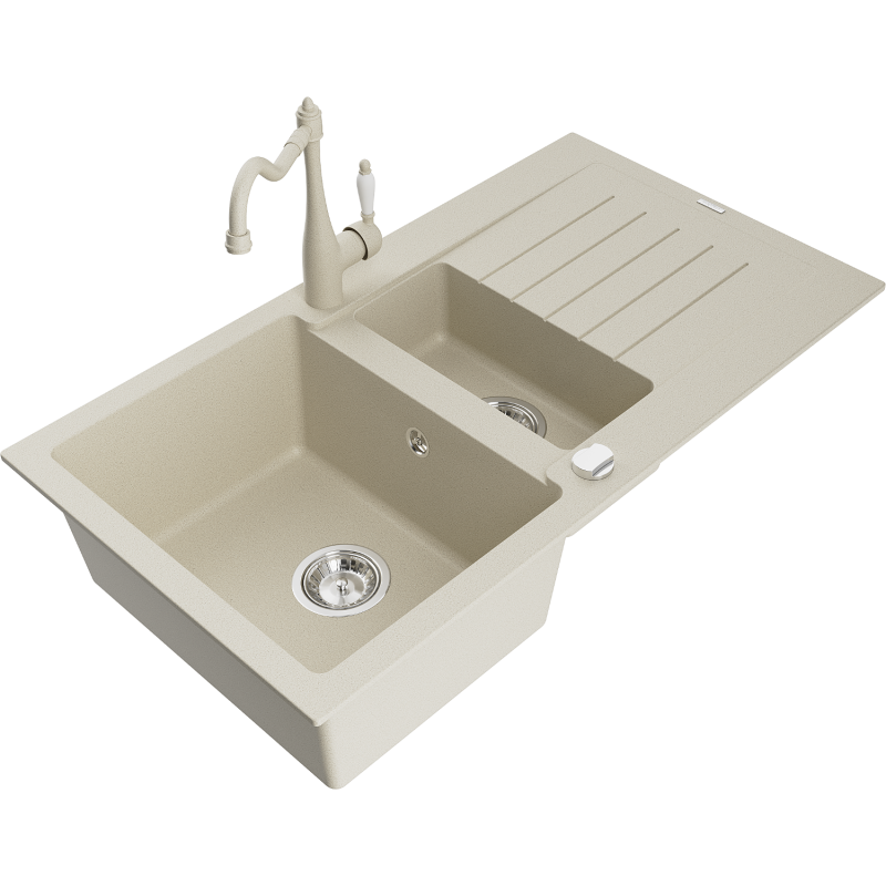Mexen Matias 1.5-bowl granite sink with drainer and Carla kitchen tap, beige - 6502-69-670700-69