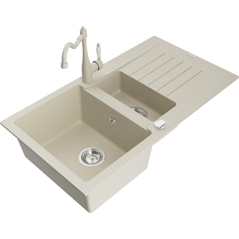 Mexen Matias 1.5-compartment granite sink with a drip tray and kitchen mixer tap Carla, Beige - 6502-69-670700-69