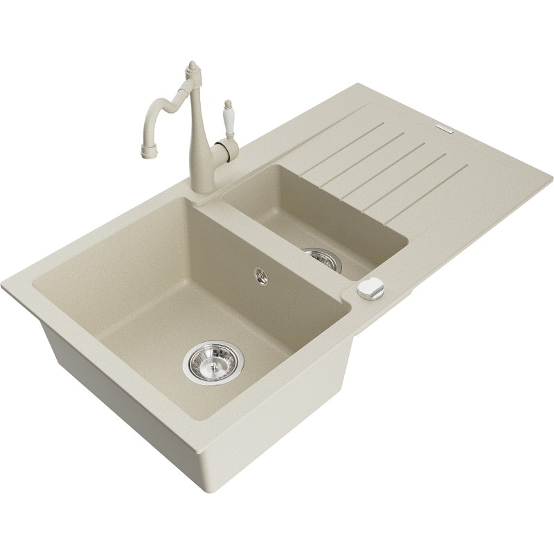Mexen Matias granite sink 1.5-bowl with drainer and kitchen faucet Carla, beige - 6502-69-670700-69
