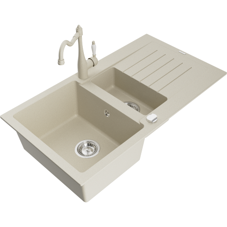 Mexen Matias 1.5-bowl granite sink with drainer and kitchen faucet Carla, beige - 6502-69-670700-69