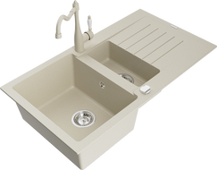 Mexen Matias 1.5-compartment granite sink with a drip tray and kitchen mixer tap Carla, Beige - 6502-69-670700-69
