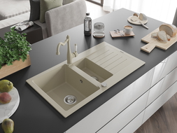 Mexen Matias 1.5-compartment granite sink with a drip tray and kitchen mixer tap Carla, Beige - 6502-69-670700-69