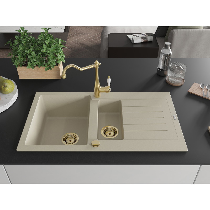 Mexen Matias granite kitchen sink 1.5-bowl with drainer and kitchen faucet Carla, beige - 6502-69-670700-50