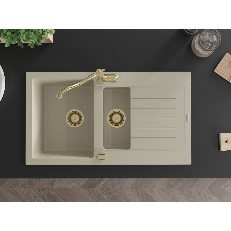 Mexen Matias granite kitchen sink 1.5-bowl with drainer and kitchen faucet Carla, beige - 6502-69-670700-50