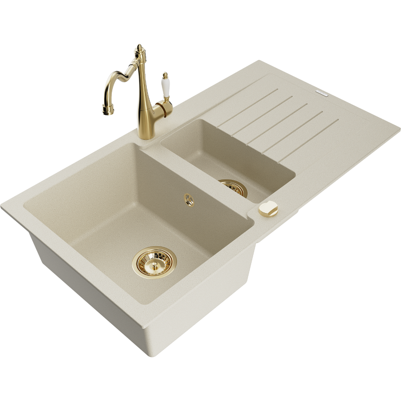Mexen Matias granite sink 1.5-bowl with drainer and Carla kitchen tap, beige - 6502-69-670700-50