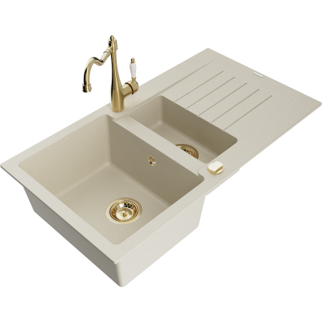 Mexen Matias granite sink 1.5-bowl with drainer and Carla kitchen tap, beige - 6502-69-670700-50