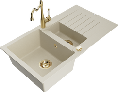 Mexen Matias 1.5-compartment granite sink with a drip tray and kitchen mixer tap Carla, Beige - 6502-69-670700-50