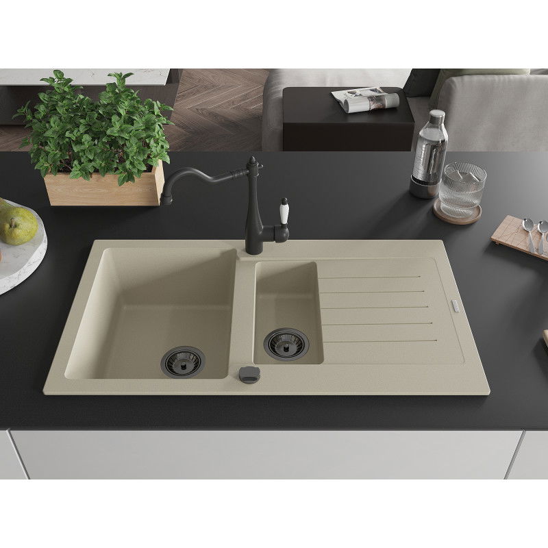 Mexen Matias granite sink with 1.5 bowls, drainer, and Carla kitchen tap, beige - 6502-69-670700-70