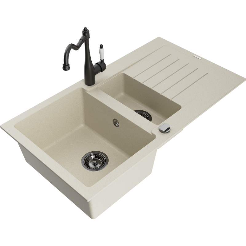 Mexen Matias 1.5-bowl granite sink with drainer and Carla kitchen faucet, beige - 6502-69-670700-70