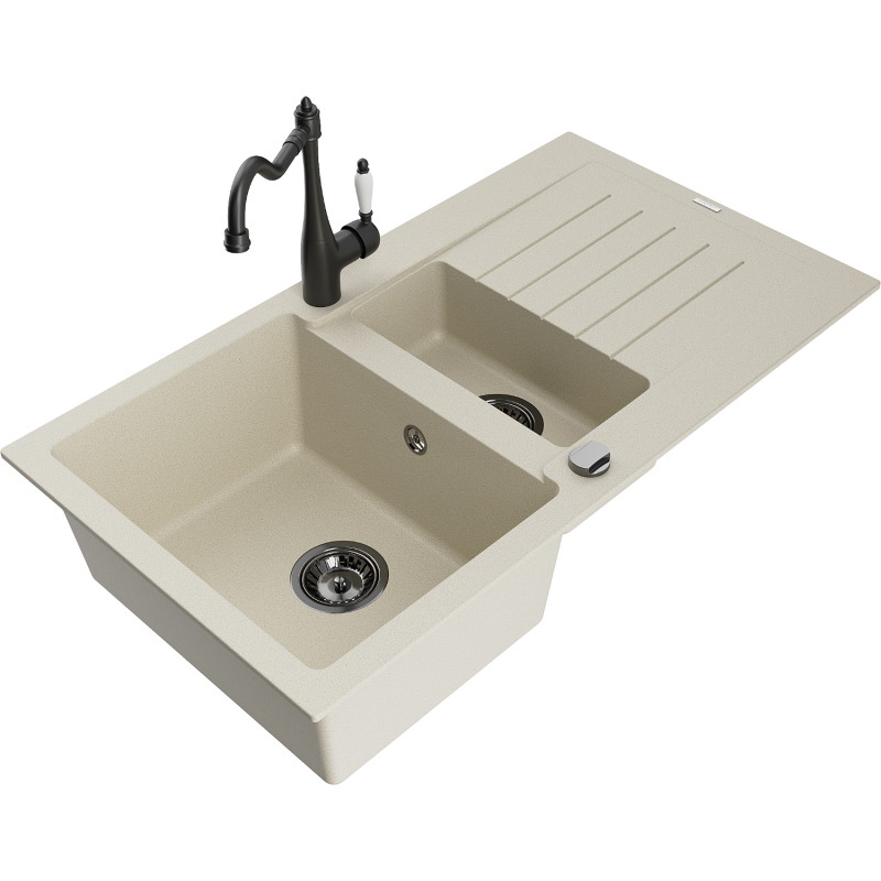 Mexen Matias granite sink 1.5-bowl with drainer and kitchen faucet Carla, beige - 6502-69-670700-70