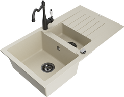 Mexen Matias 1.5-compartment granite sink with a drip tray and kitchen mixer tap Carla, Beige - 6502-69-670700-70