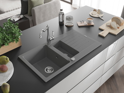 Mexen Matias 1.5-compartment granite sink with a drip tray and kitchen mixer tap Carla, Grey - 6502-71-670700-00