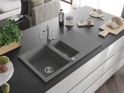 Mexen Matias granite sink 1.5-bowl with drainer and Carla kitchen faucet, gray - 6502-71-670700-00