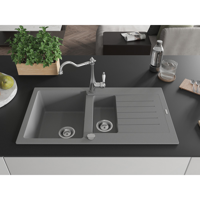 Mexen Matias granite sink 1.5-bowl with drainer and Carla kitchen faucet, gray - 6502-71-670700-00