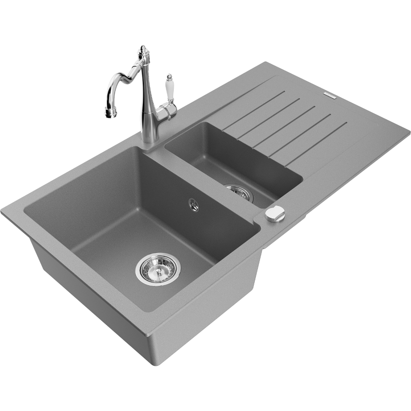 Mexen Matias granite sink 1.5-bowl with drainer and Carla kitchen tap, grey - 6502-71-670700-00