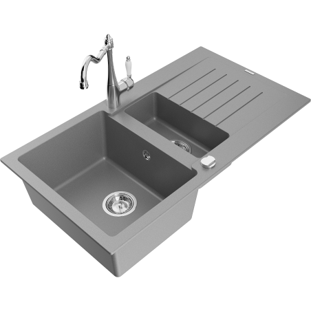 Mexen Matias granite sink 1.5-bowl with drainer and Carla kitchen tap, grey - 6502-71-670700-00