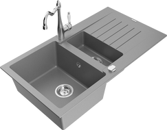 Mexen Matias 1.5-compartment granite sink with a drip tray and kitchen mixer tap Carla, Grey - 6502-71-670700-00