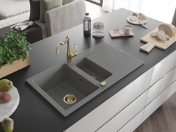 Mexen Matias 1.5-compartment granite sink with a drip tray and kitchen mixer tap Carla, Grey - 6502-71-670700-50
