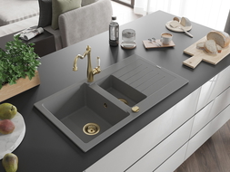 Mexen Matias granite sink 1.5-bowl with drainer and Carla kitchen tap, grey - 6502-71-670700-50