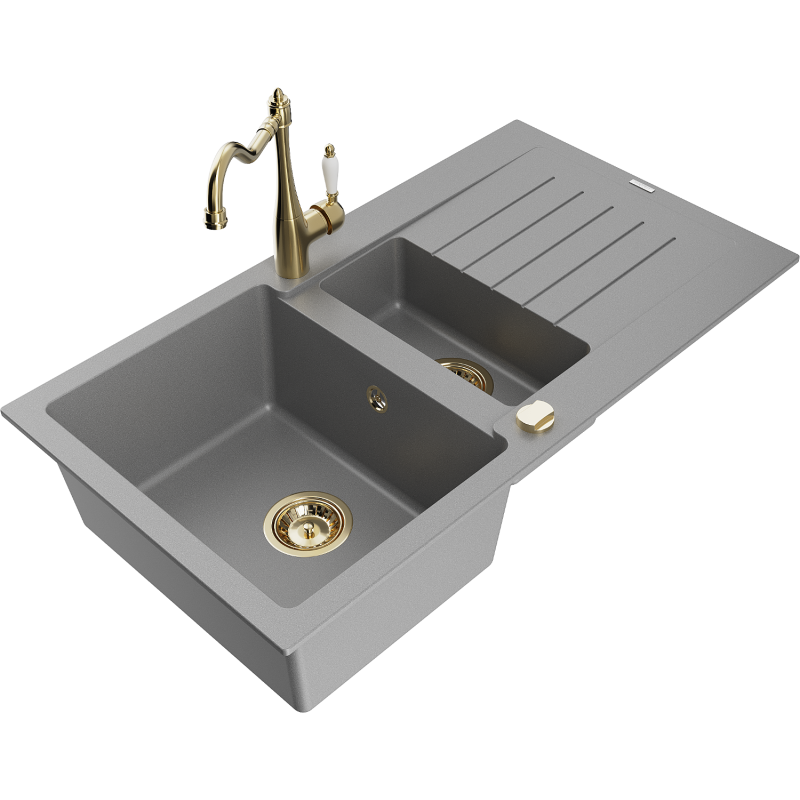 Mexen Matias granite sink 1.5-bowl with drainer and Carla kitchen tap, grey - 6502-71-670700-50