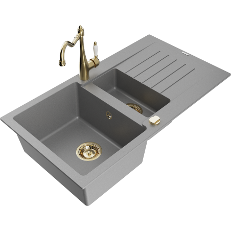 Mexen Matias 1.5-compartment granite sink with a drip tray and kitchen mixer tap Carla, Grey - 6502-71-670700-50