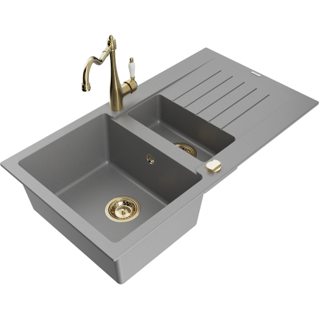 Mexen Matias granite sink 1.5-bowl with drainer and Carla kitchen tap, grey - 6502-71-670700-50