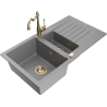 Mexen Matias 1.5-compartment granite sink with a drip tray and kitchen mixer tap Carla, Grey - 6502-71-670700-50