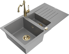 Mexen Matias 1.5-compartment granite sink with a drip tray and kitchen mixer tap Carla, Grey - 6502-71-670700-50