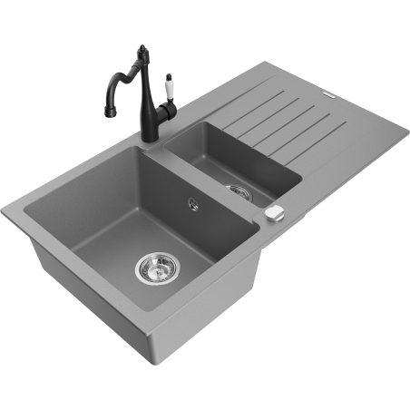 Mexen Matias 1.5-compartment granite sink with a drip tray and kitchen mixer tap Carla, Grey - 6502-71-670700-70